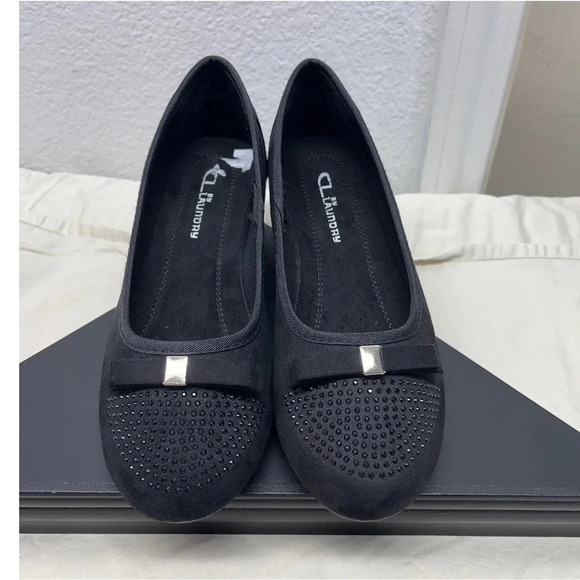 CL By Laundry Womens Size 7W Black Bow Low Wedge Round Heel - Picture 1 of 10